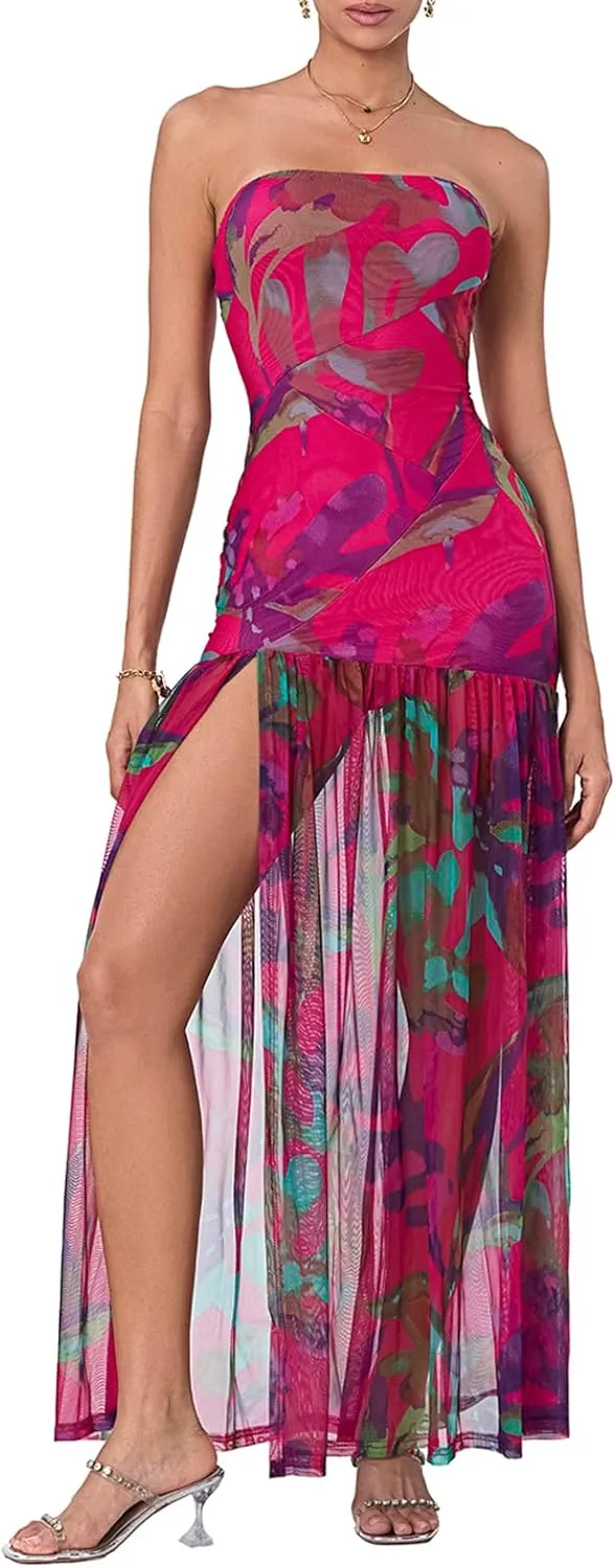 Strapless Dress for Women Y2K Sleeveless Backless Side Slit Tube Top Maxi Dress Beach Bandeau Sundress