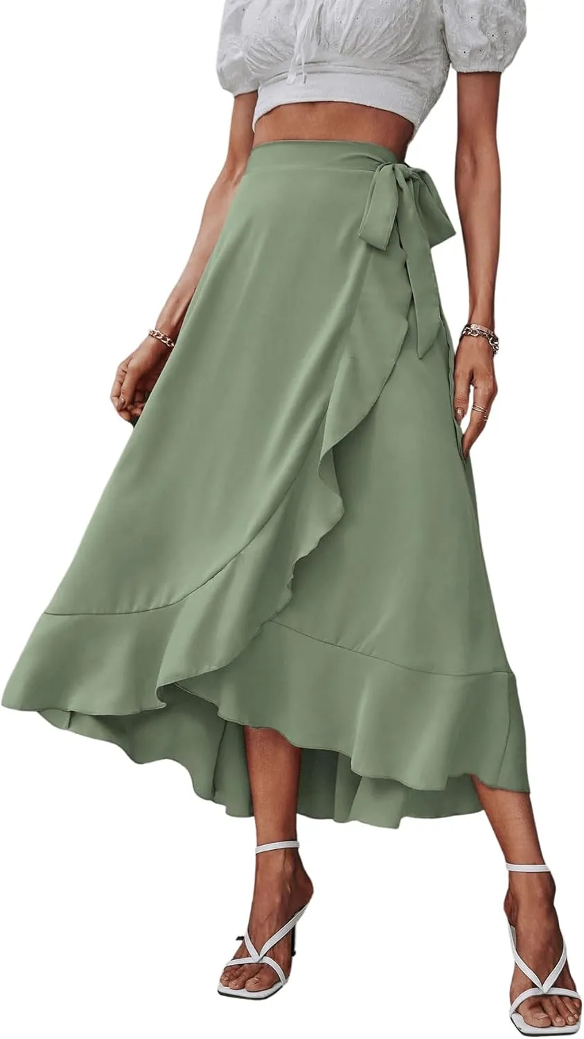 SweatyRocks Women's Elegant Slit Wrap Asymmetrical High Waist Long Skirt A-line Casual Loose Draped Flowy Skirts