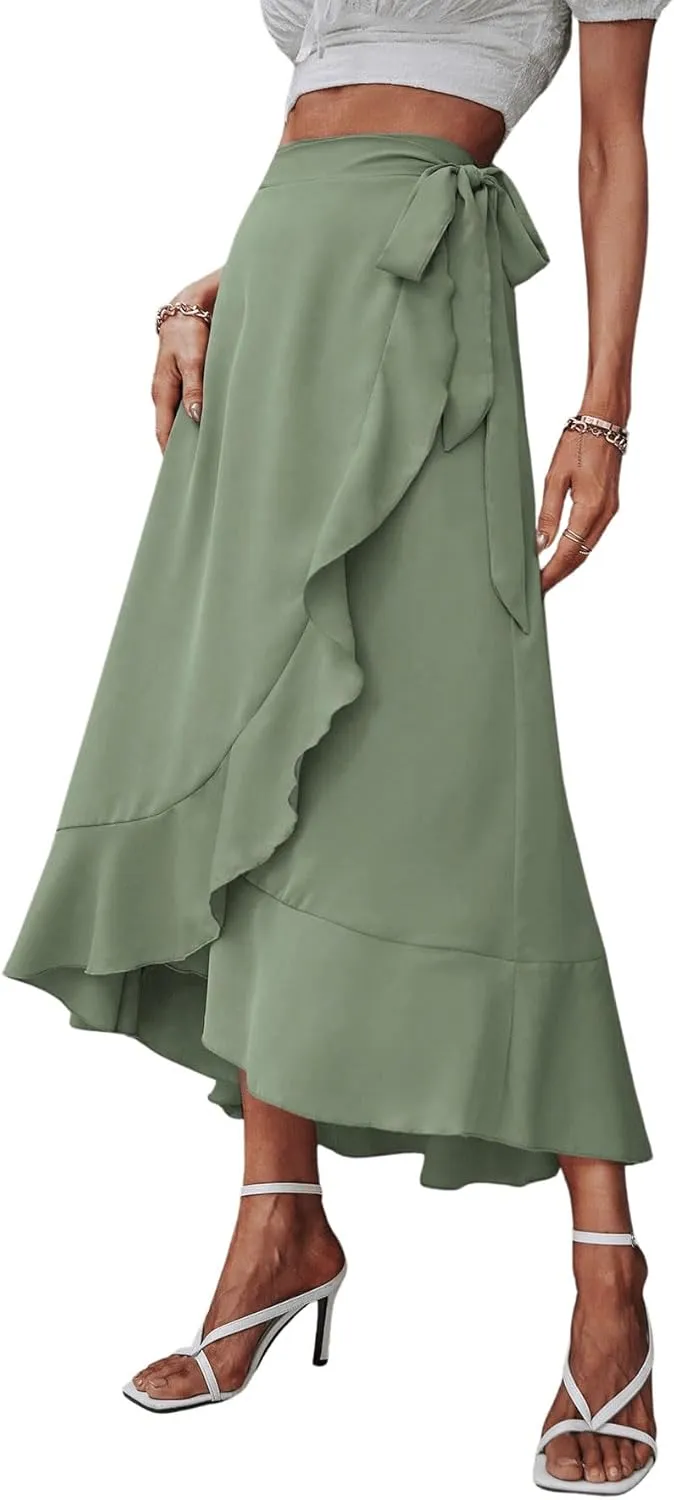 SweatyRocks Women's Elegant Slit Wrap Asymmetrical High Waist Long Skirt A-line Casual Loose Draped Flowy Skirts