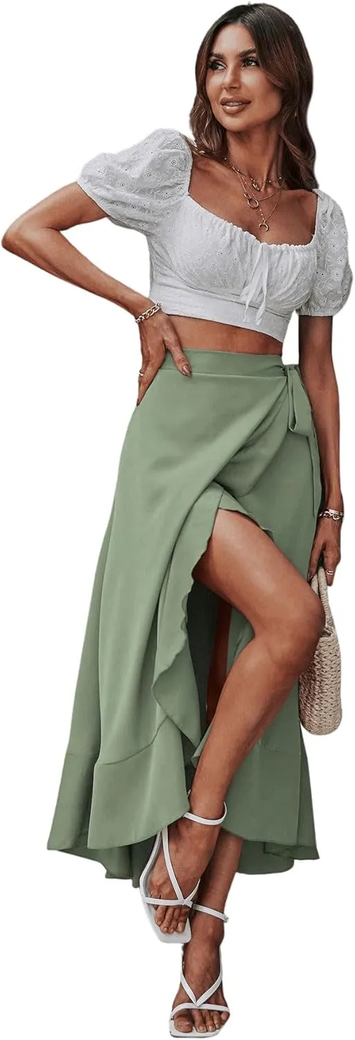 SweatyRocks Women's Elegant Slit Wrap Asymmetrical High Waist Long Skirt A-line Casual Loose Draped Flowy Skirts