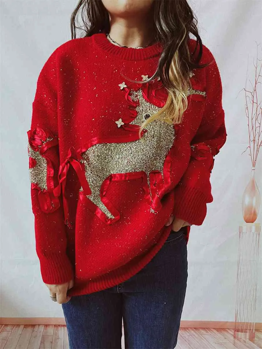 TEEK - Reindeer Textured Long Sleeve Sweater
