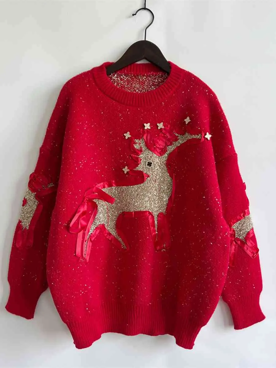 TEEK - Reindeer Textured Long Sleeve Sweater