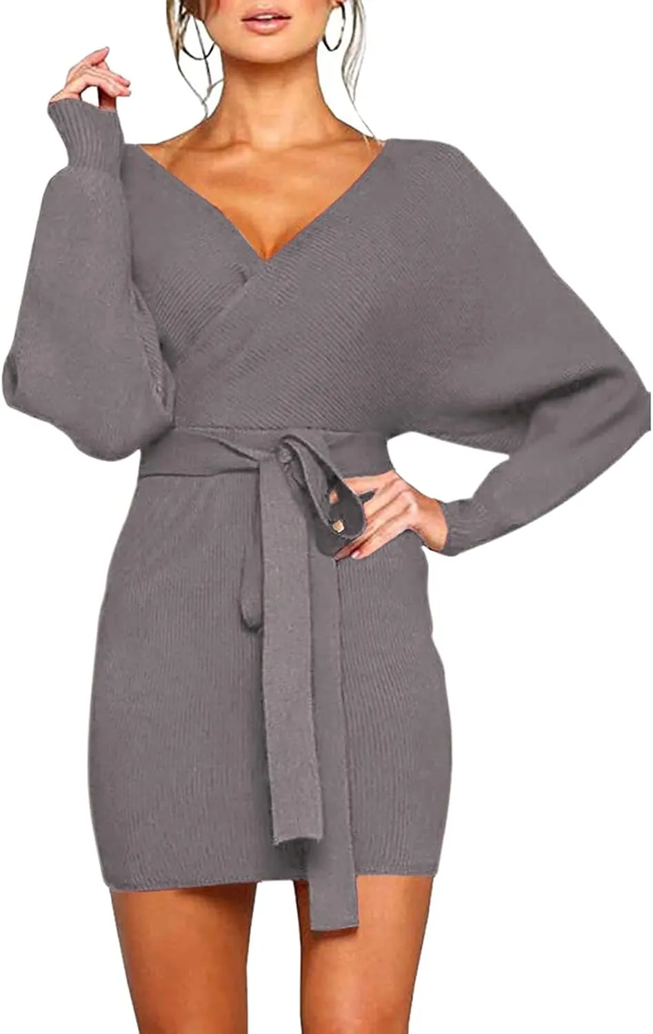 Viottiset Women's V Neck Long Batwing Sleeve Wrap Midi Knit Sweater Dress Elegant Backless with Belt Slit