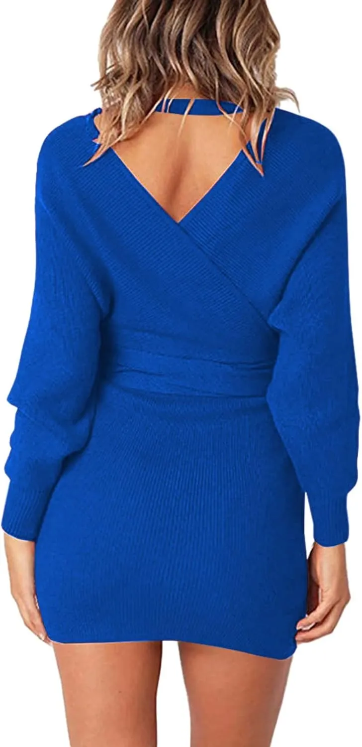 Viottiset Women's V Neck Long Batwing Sleeve Wrap Midi Knit Sweater Dress Elegant Backless with Belt Slit