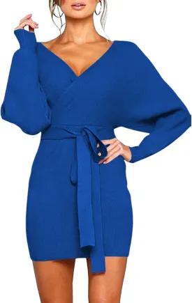 Viottiset Women's V Neck Long Batwing Sleeve Wrap Midi Knit Sweater Dress Elegant Backless with Belt Slit