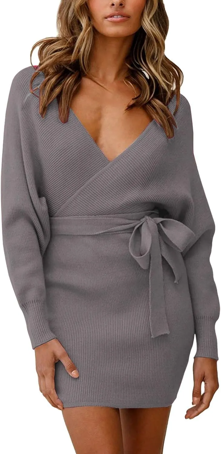 Viottiset Women's V Neck Long Batwing Sleeve Wrap Midi Knit Sweater Dress Elegant Backless with Belt Slit