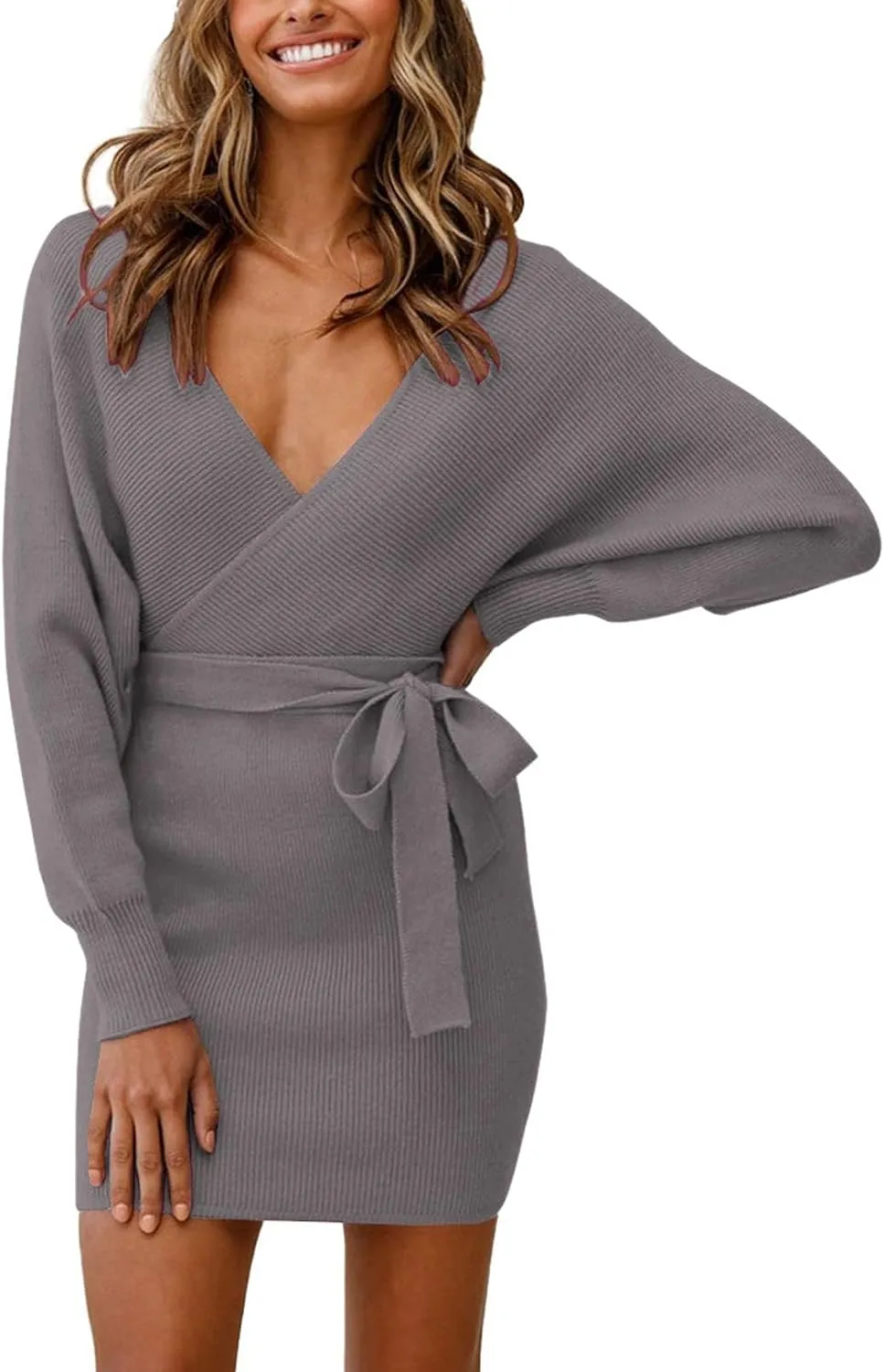 Viottiset Women's V Neck Long Batwing Sleeve Wrap Midi Knit Sweater Dress Elegant Backless with Belt Slit