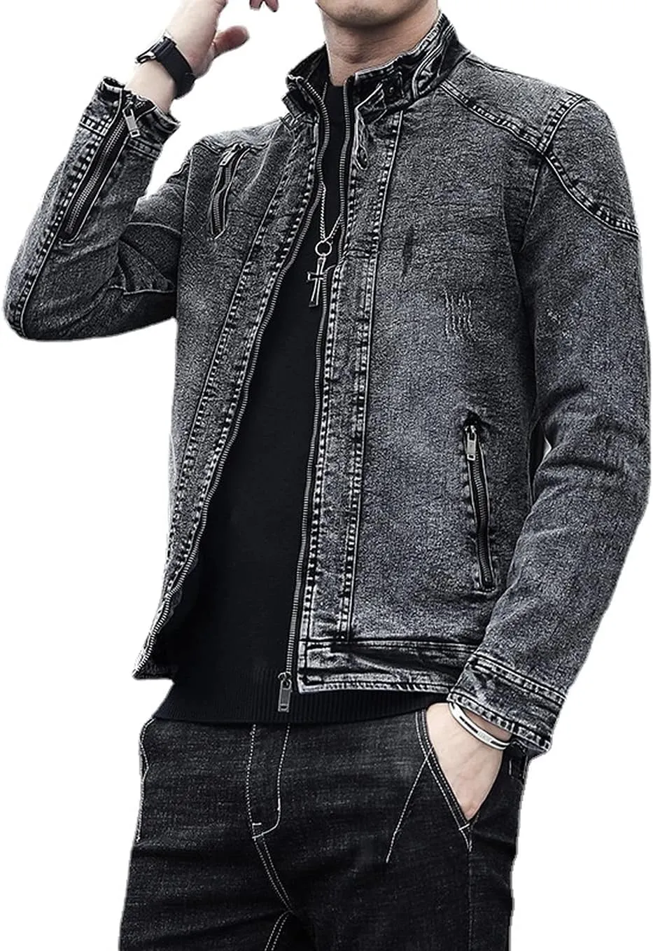 Washed Distressed Denim Fleece Jacket for Men Casual Zip up Stand Collar Faux Fur Lined Trucker Jacket