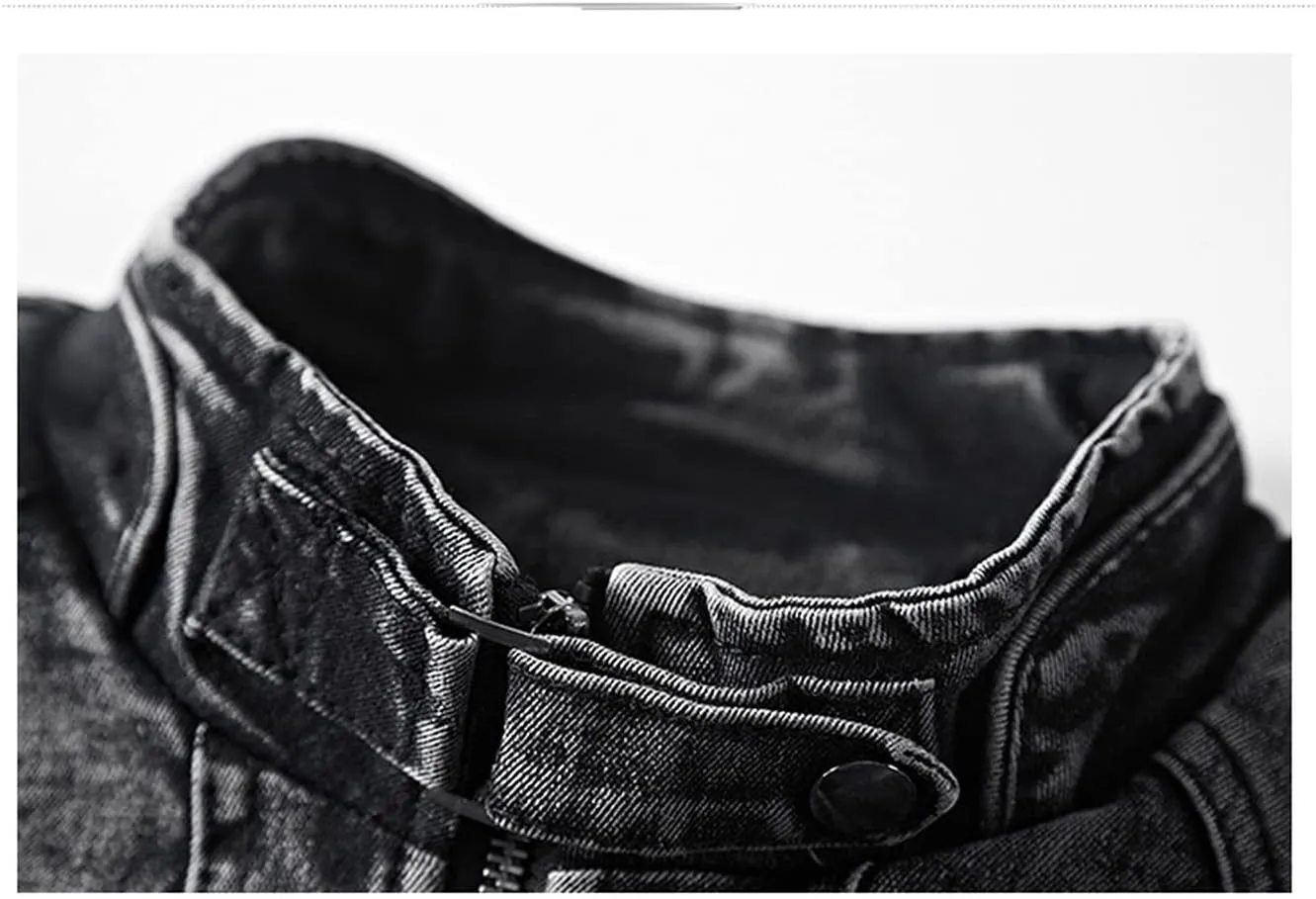 Washed Distressed Denim Fleece Jacket for Men Casual Zip up Stand Collar Faux Fur Lined Trucker Jacket