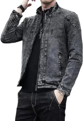 Washed Distressed Denim Fleece Jacket for Men Casual Zip up Stand Collar Faux Fur Lined Trucker Jacket