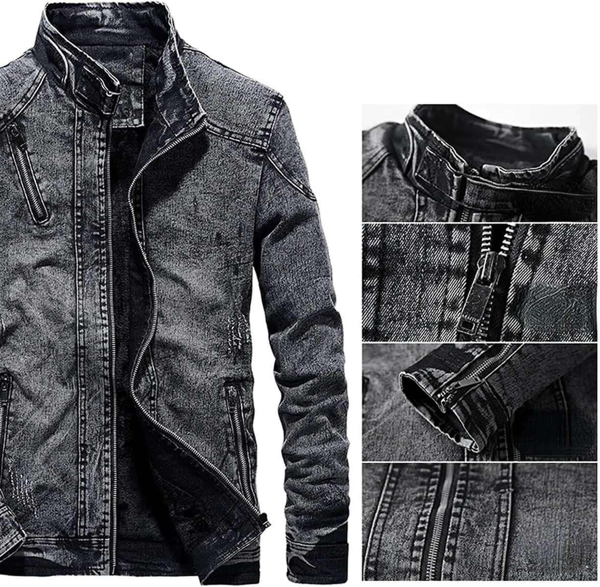 Washed Distressed Denim Fleece Jacket for Men Casual Zip up Stand Collar Faux Fur Lined Trucker Jacket