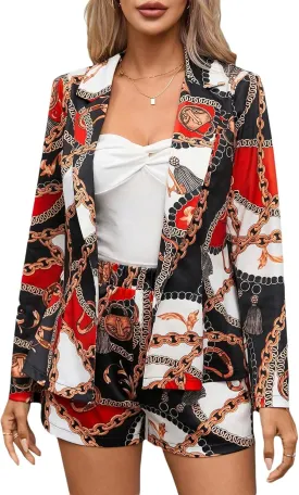 WDIRARA Women's 2 Piece Outfit Chain Print Button Front Long Sleeve Blazer and Shorts Set