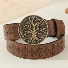Western Tree of Life Coffee Embossed Leather Belt