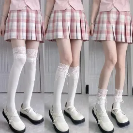 White Lolita Socks with Ribbon | Trim Knee High Stockings