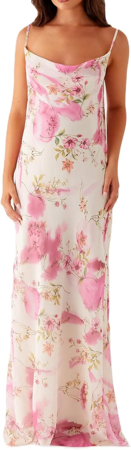 Women Flower Print Maxi Dress Spaghetti Strap Floral Slip Dress Y2k Backless Slim Fit Long Bodycon Dresses