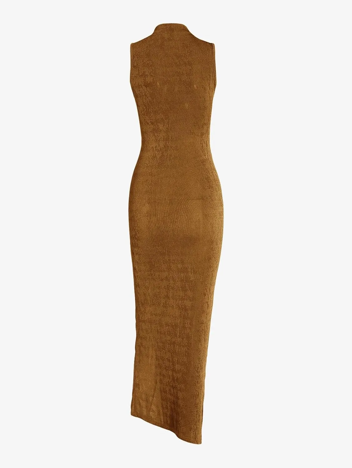 Women Sexy Semi Sheer Sleeveless Mock Turtleneck Jersey Ruched Thigh Slit Bodycon Maxi Dress for Party Club Night