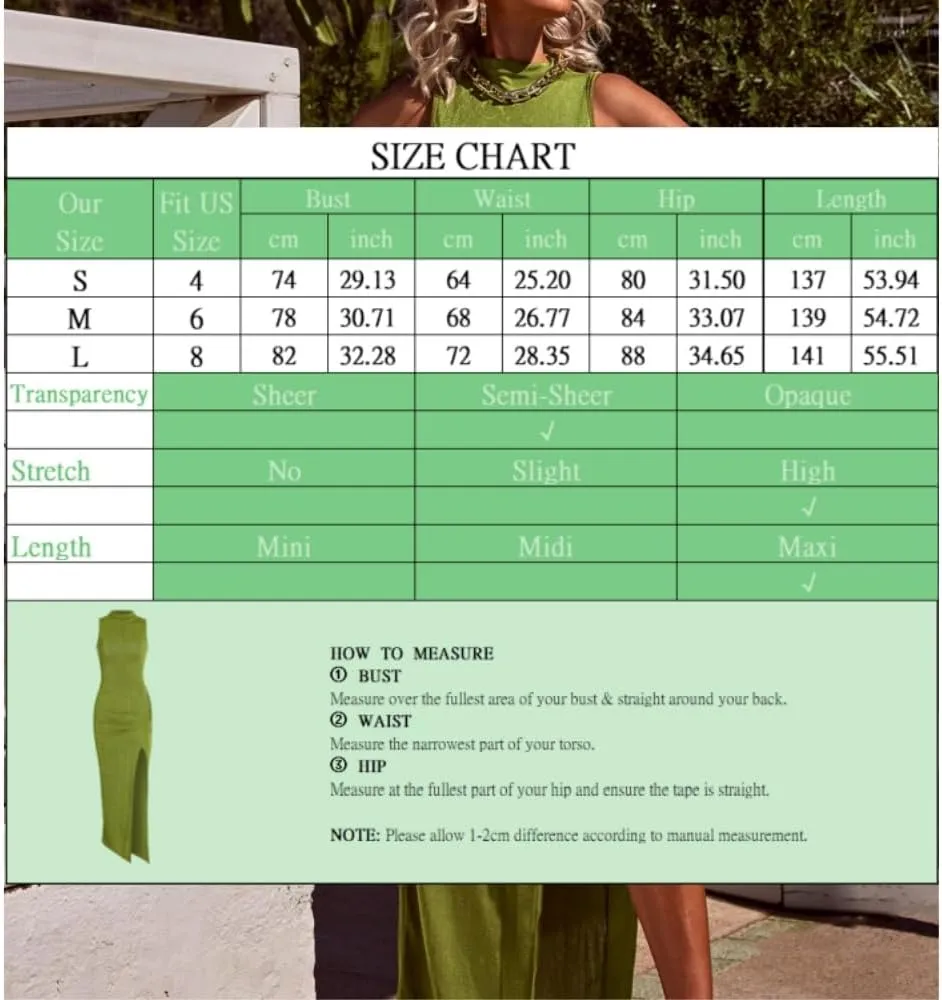 Women Sexy Semi Sheer Sleeveless Mock Turtleneck Jersey Ruched Thigh Slit Bodycon Maxi Dress for Party Club Night