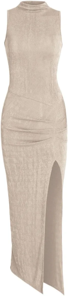 Women Sexy Semi Sheer Sleeveless Mock Turtleneck Jersey Ruched Thigh Slit Bodycon Maxi Dress for Party Club Night