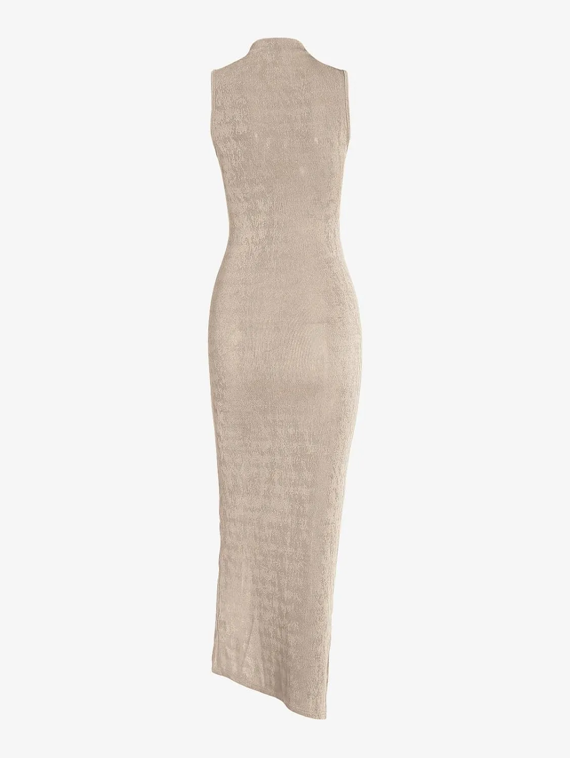 Women Sexy Semi Sheer Sleeveless Mock Turtleneck Jersey Ruched Thigh Slit Bodycon Maxi Dress for Party Club Night