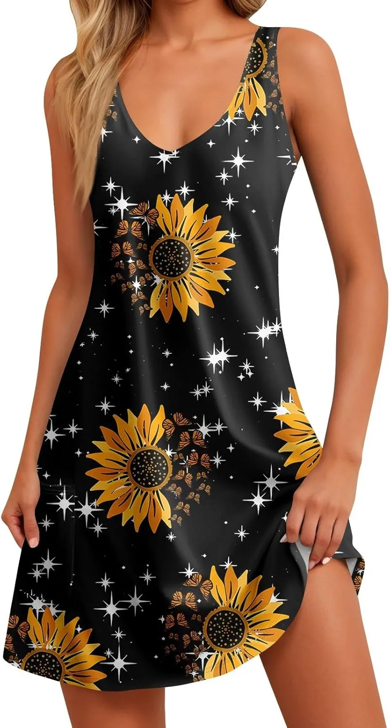 Women Summer Dresses Casual Vacation Sundress Printed 2025 Swimsuit Coverup Beach Sleeveless Dress with Pocket