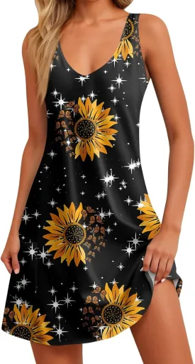 Women Summer Dresses Casual Vacation Sundress Printed 2025 Swimsuit Coverup Beach Sleeveless Dress with Pocket