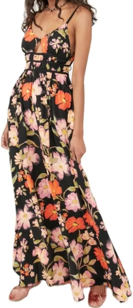 Women Y2k Boho Maxi Dress Tie Front V Neck Cami Flowy Dress Summer Causal Floral Beach Vacation Sundress