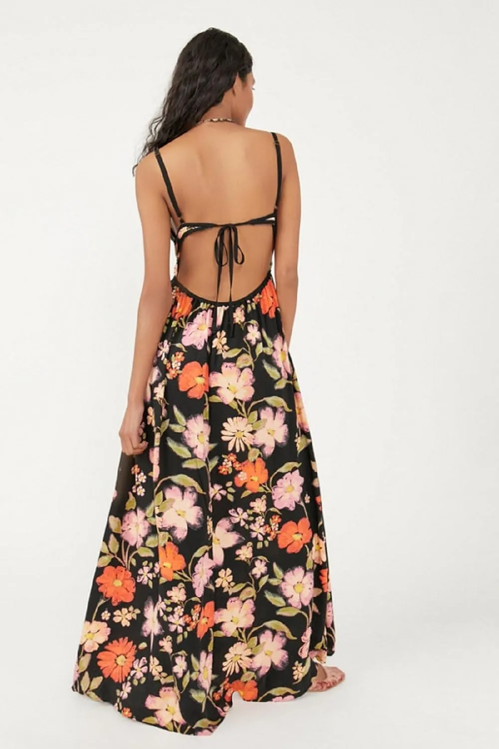 Women Y2k Boho Maxi Dress Tie Front V Neck Cami Flowy Dress Summer Causal Floral Beach Vacation Sundress