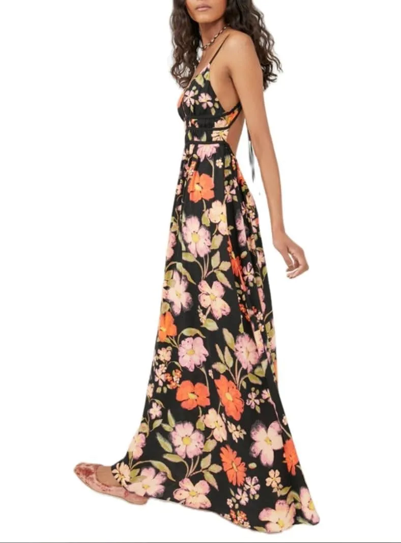 Women Y2k Boho Maxi Dress Tie Front V Neck Cami Flowy Dress Summer Causal Floral Beach Vacation Sundress