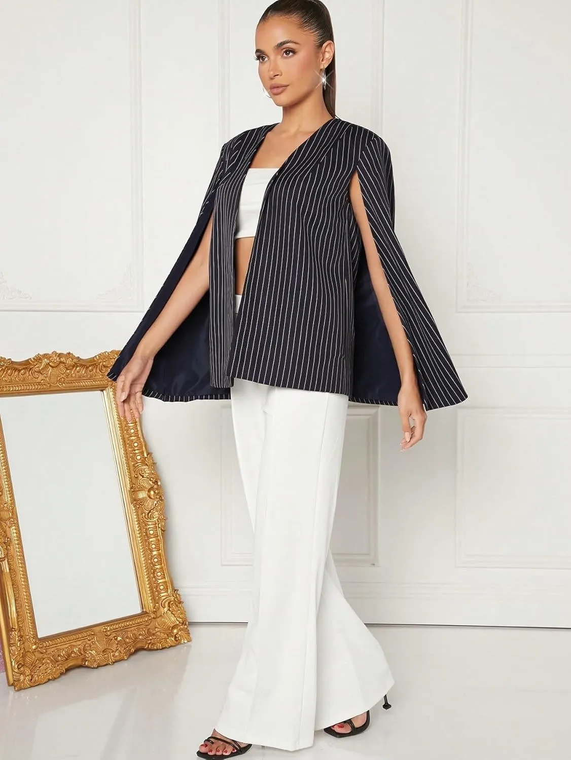womens blazers dressy casual Haute Striped Open Front Cape Coat