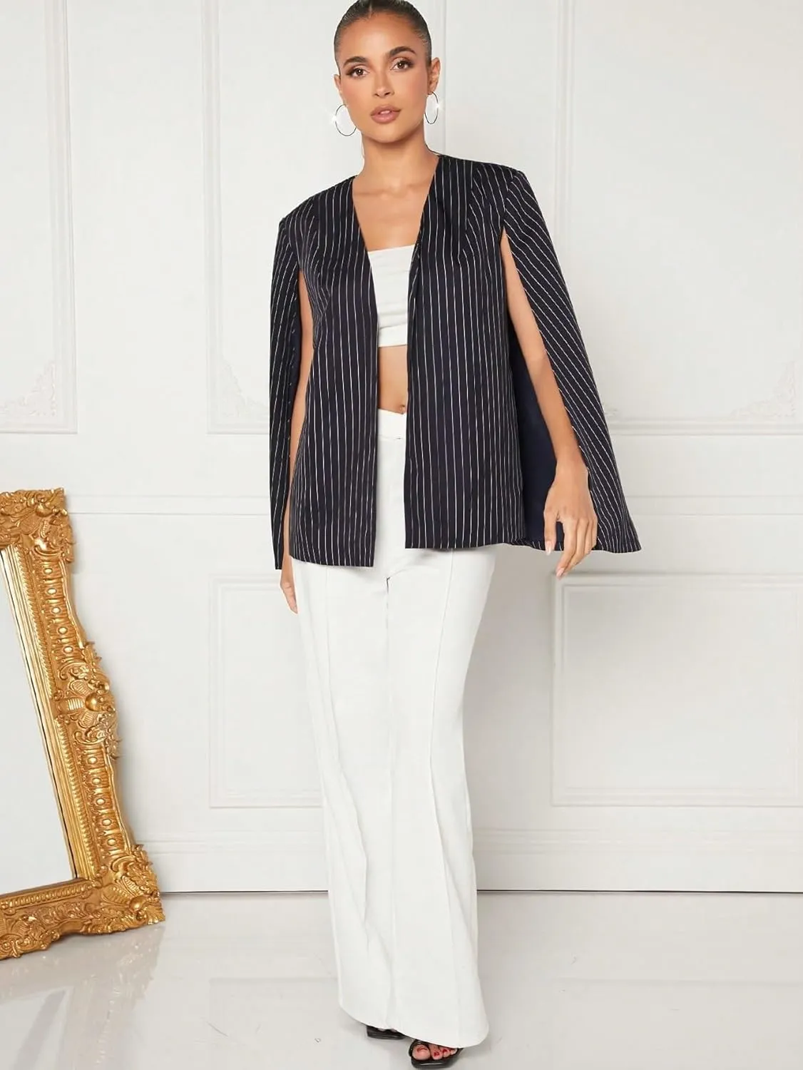 womens blazers dressy casual Haute Striped Open Front Cape Coat