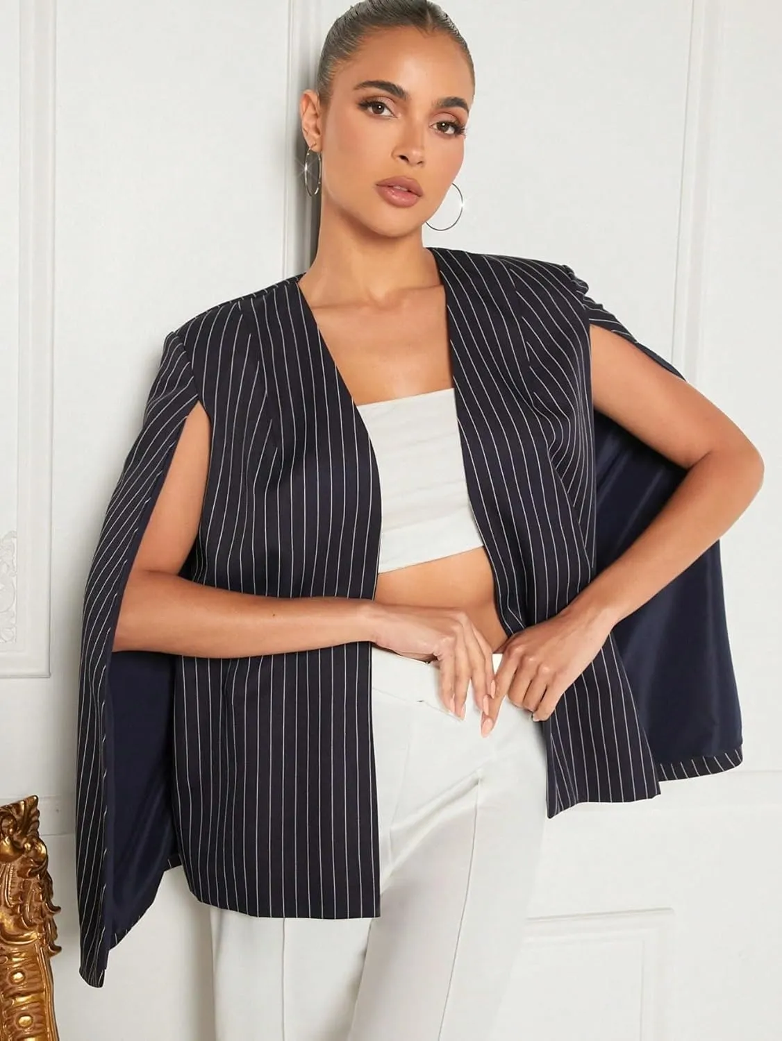 womens blazers dressy casual Haute Striped Open Front Cape Coat