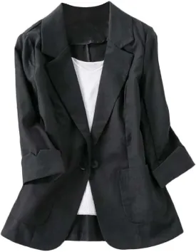 Womens Casual Solid Cotton Linen 3/4 Sleeve Short OL Work Blazer Jacket Coat