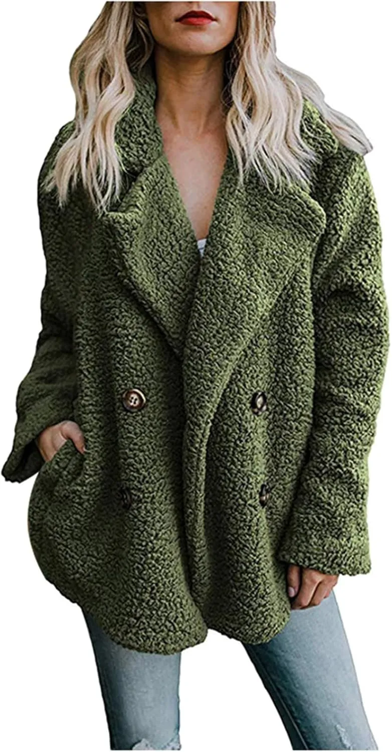 Womens Classic Trendy Solid Fleece Coat Double Breasted Long Sleeve Outwear Warm Loose Soft Overcoat Winter Clothes