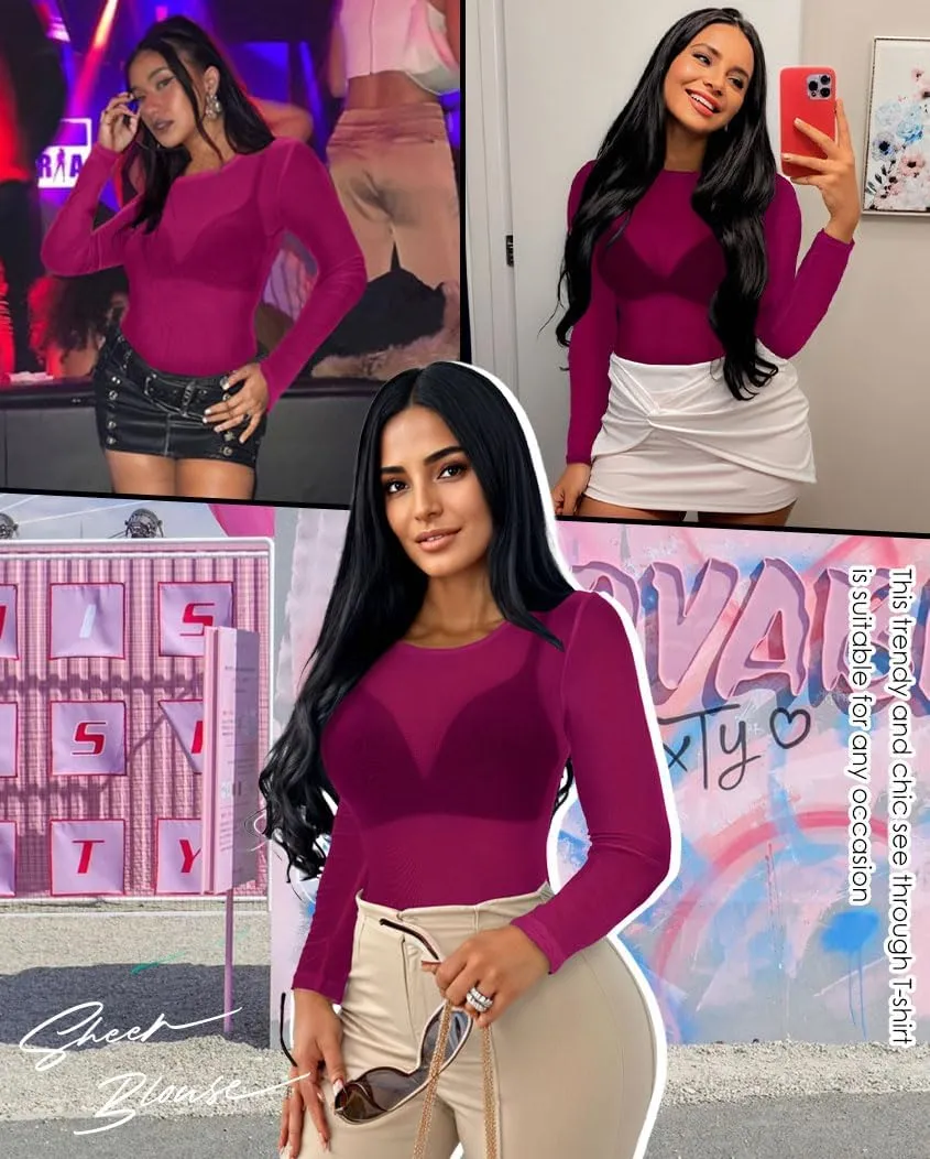Women's Mesh Tops Sheer Long Sleeve Tee Shirts Bodycon See Through Blouse Clubwear