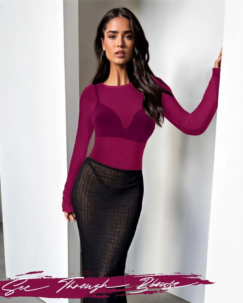Women's Mesh Tops Sheer Long Sleeve Tee Shirts Bodycon See Through Blouse Clubwear