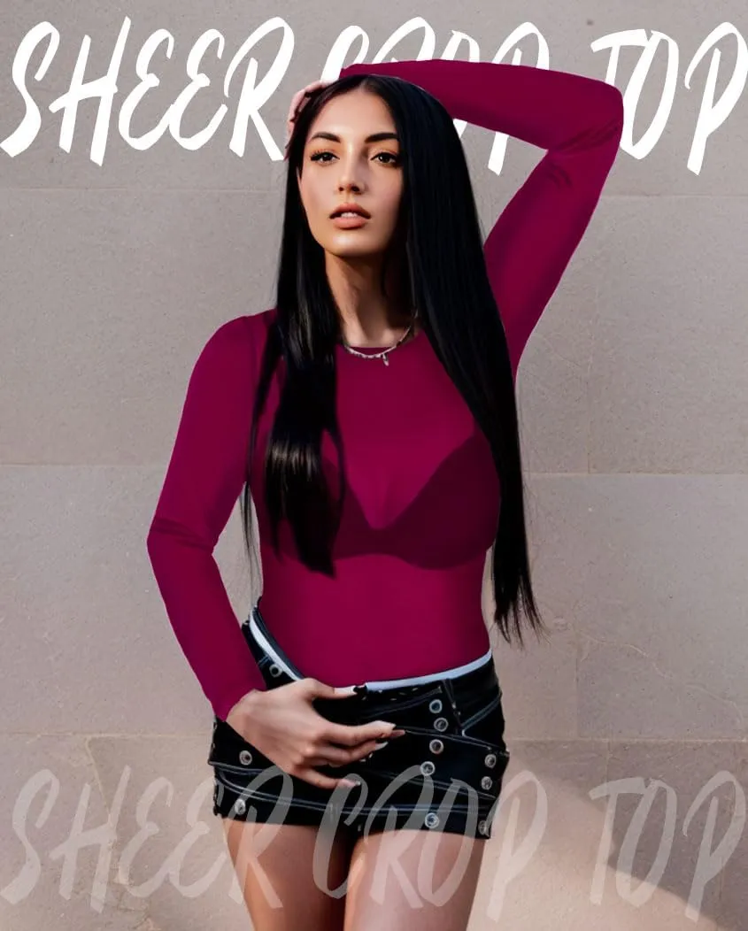 Women's Mesh Tops Sheer Long Sleeve Tee Shirts Bodycon See Through Blouse Clubwear