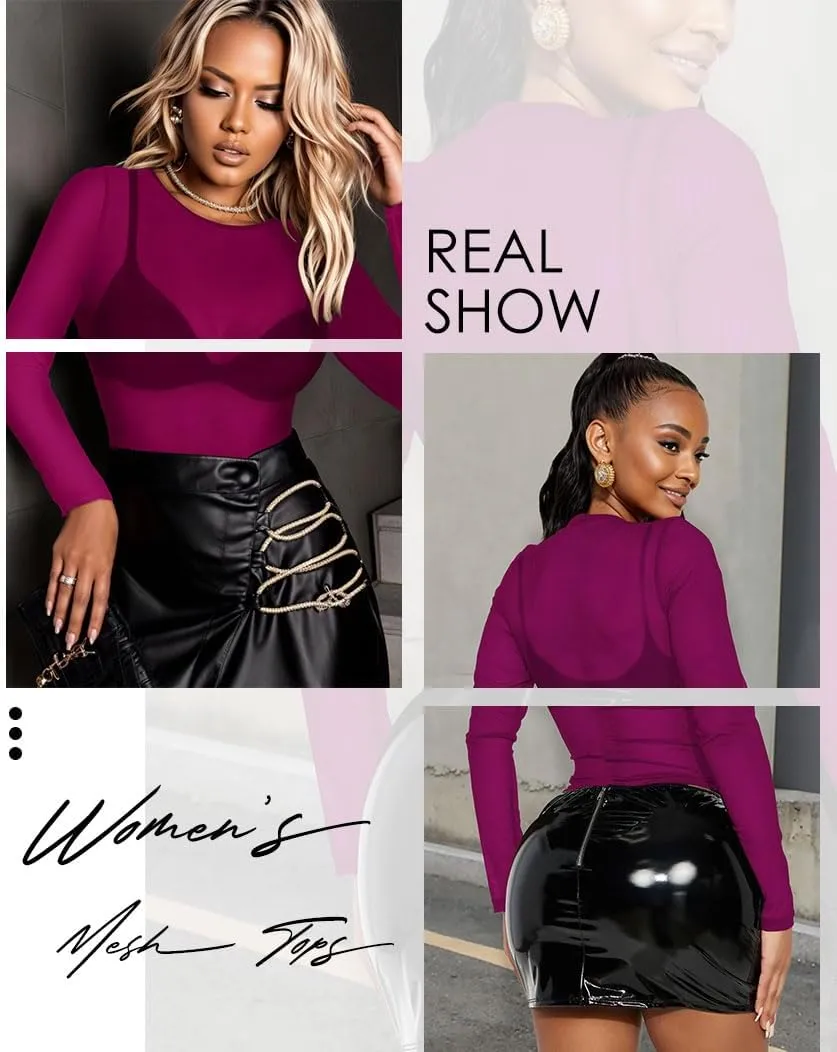 Women's Mesh Tops Sheer Long Sleeve Tee Shirts Bodycon See Through Blouse Clubwear