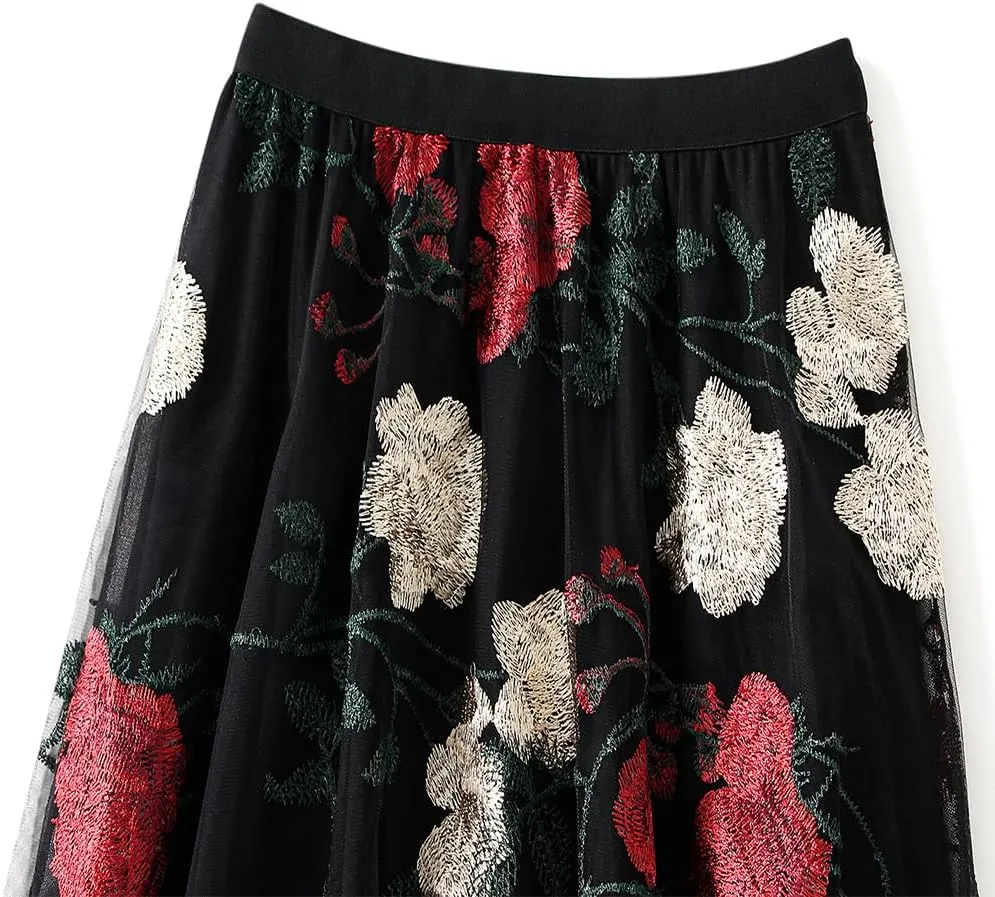 Women's Midi Length Skirt Layered Tulle A Line Skirts Embroidery/Floral Print Elastic Waist
