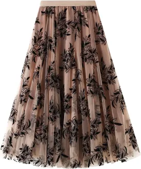 Women's Midi Length Skirt Layered Tulle A Line Skirts Embroidery/Floral Print Elastic Waist