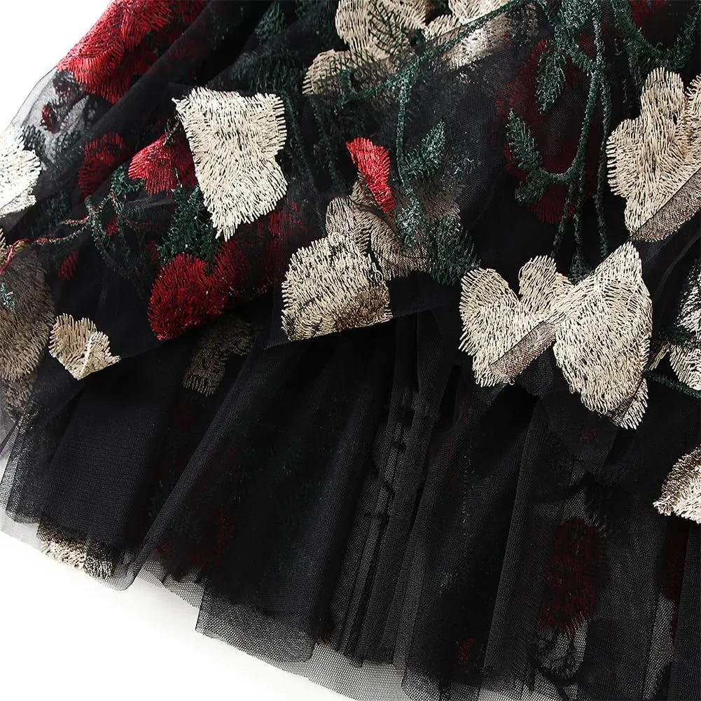 Women's Midi Length Skirt Layered Tulle A Line Skirts Embroidery/Floral Print Elastic Waist