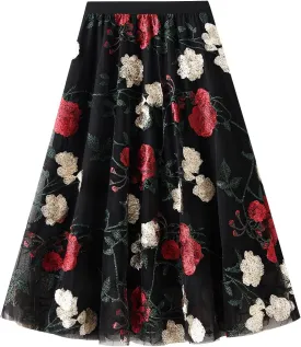 Women's Midi Length Skirt Layered Tulle A Line Skirts Embroidery/Floral Print Elastic Waist