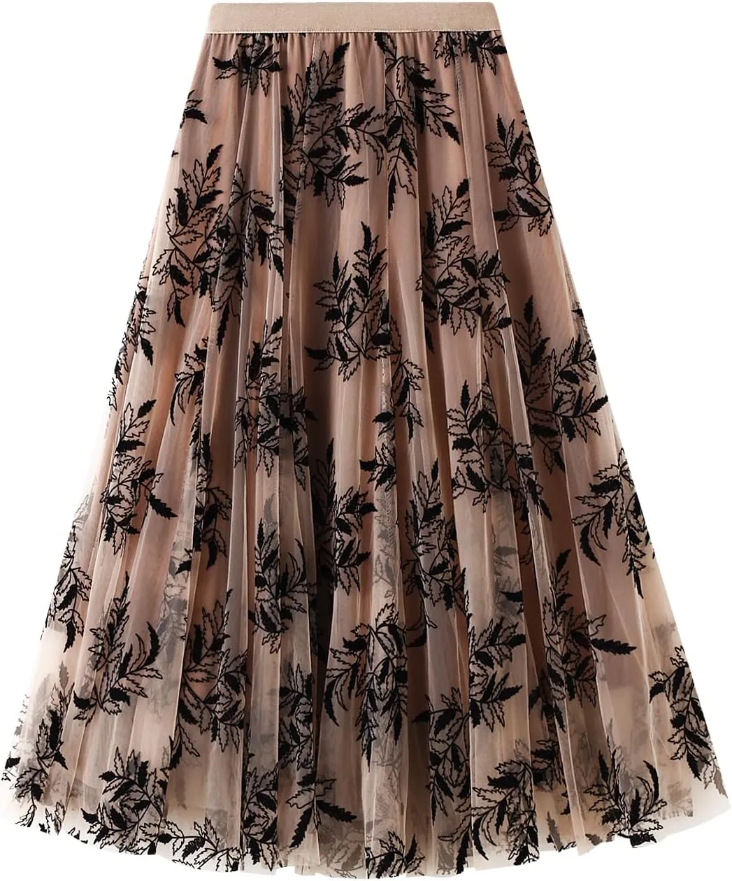 Women's Midi Length Skirt Layered Tulle A Line Skirts Embroidery/Floral Print Elastic Waist