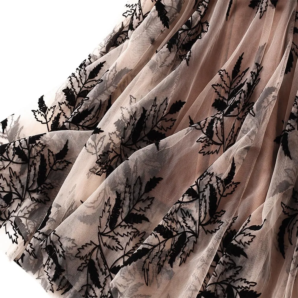 Women's Midi Length Skirt Layered Tulle A Line Skirts Embroidery/Floral Print Elastic Waist