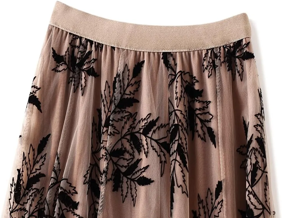 Women's Midi Length Skirt Layered Tulle A Line Skirts Embroidery/Floral Print Elastic Waist