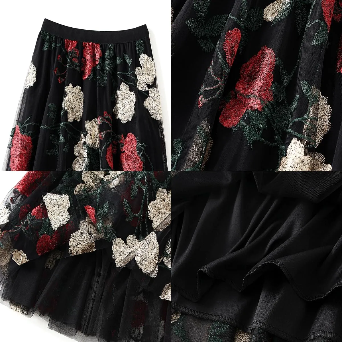 Women's Midi Length Skirt Layered Tulle A Line Skirts Embroidery/Floral Print Elastic Waist