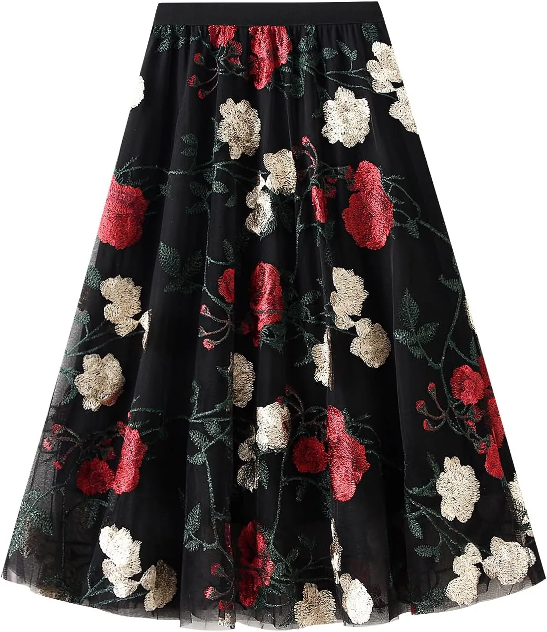 Women's Midi Length Skirt Layered Tulle A Line Skirts Embroidery/Floral Print Elastic Waist