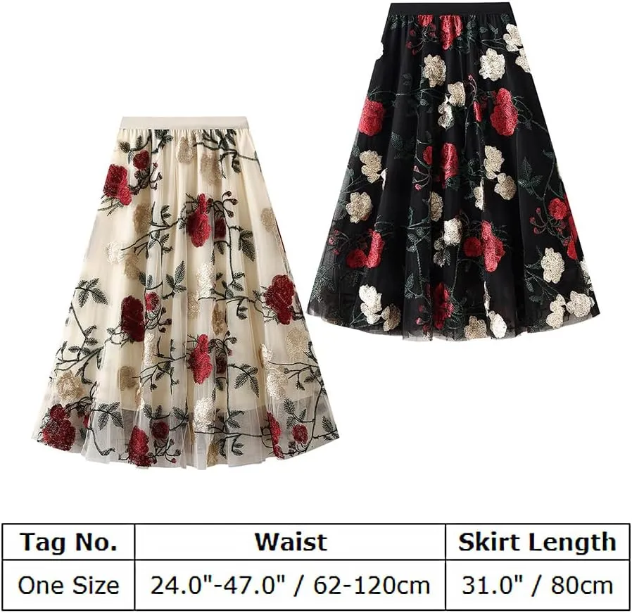 Women's Midi Length Skirt Layered Tulle A Line Skirts Embroidery/Floral Print Elastic Waist