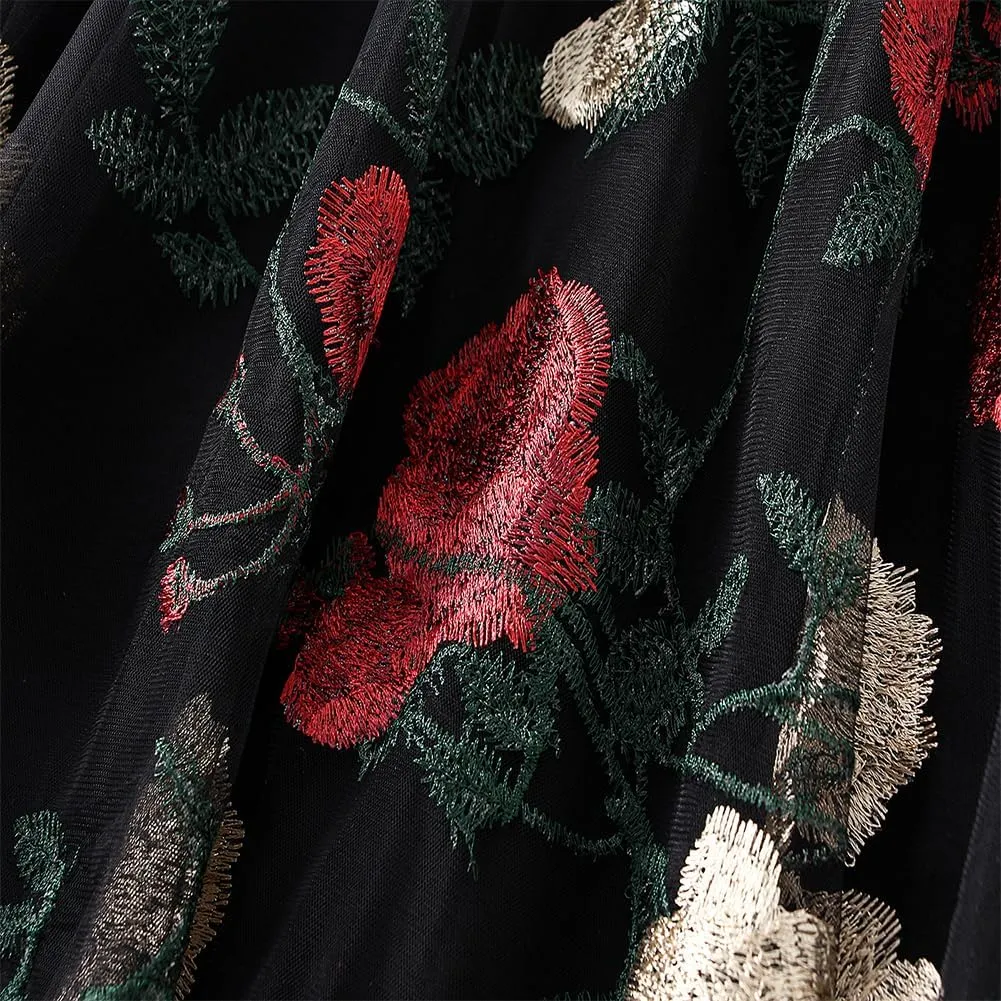 Women's Midi Length Skirt Layered Tulle A Line Skirts Embroidery/Floral Print Elastic Waist