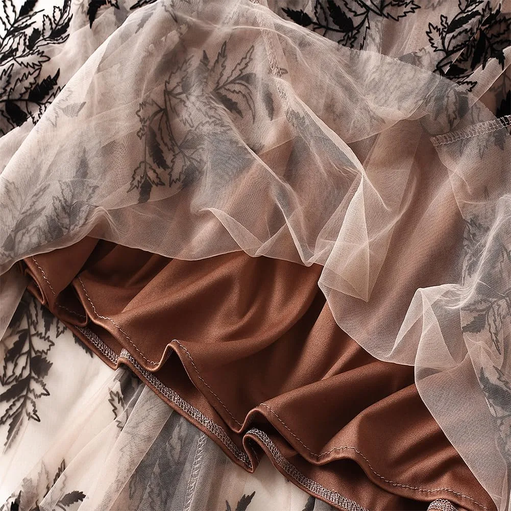 Women's Midi Length Skirt Layered Tulle A Line Skirts Embroidery/Floral Print Elastic Waist