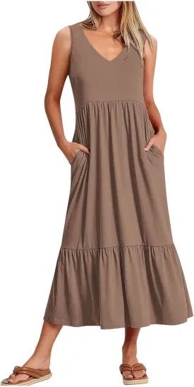 Women's Summer Maxi Casual Dresses 2024 Cold Shoulder V Neck Short Sleeve Dress
